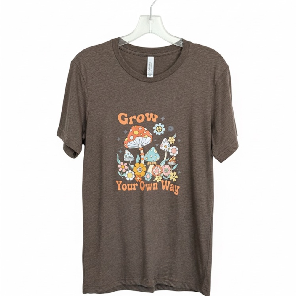 NWOT: Bella Canvas Brown‎ Tee with Mushroom and Floral Print